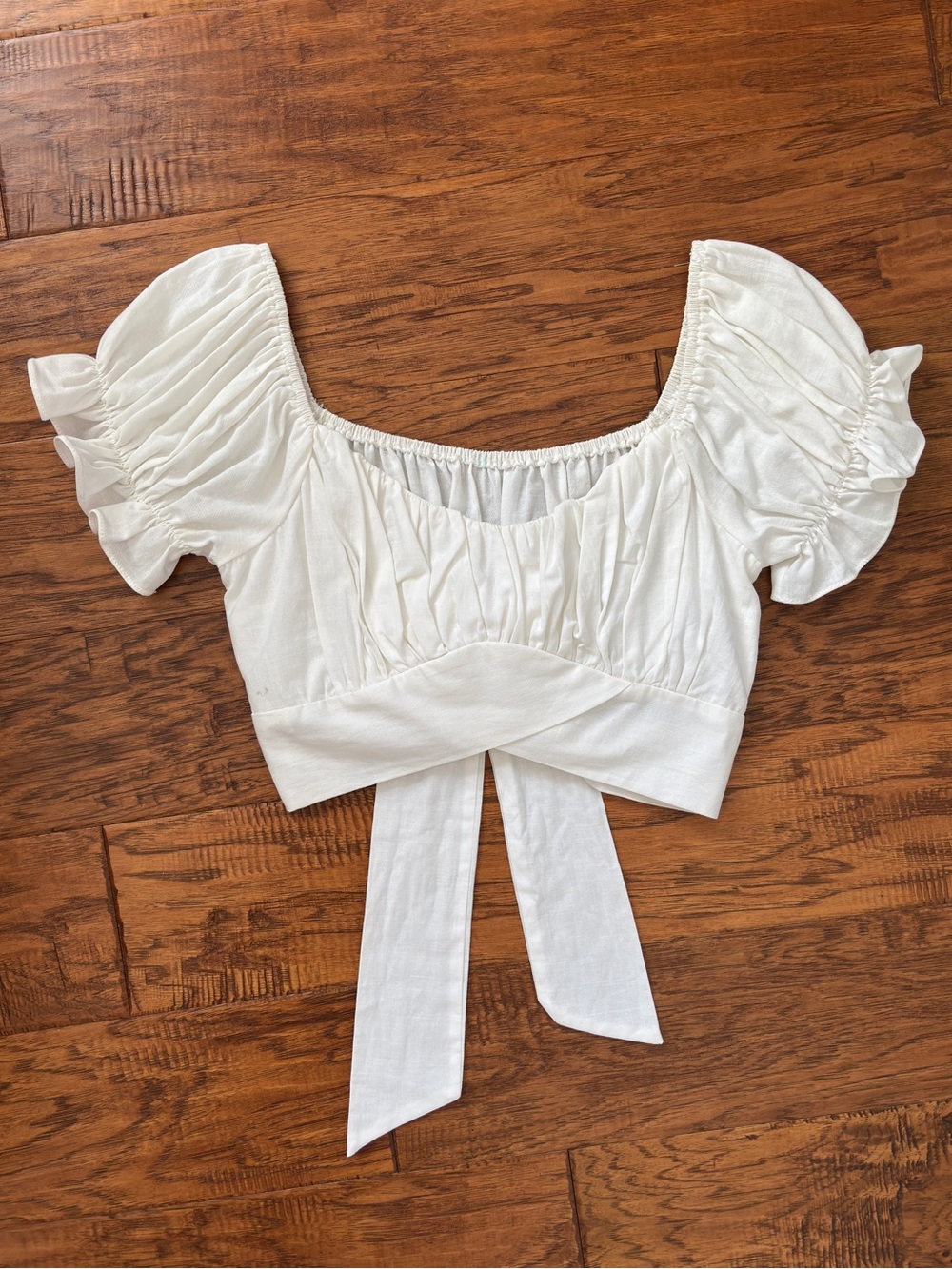 Cotton Puff-Sleeve Frill Tie-Back Sweetheart Neckline Short-Sleeve